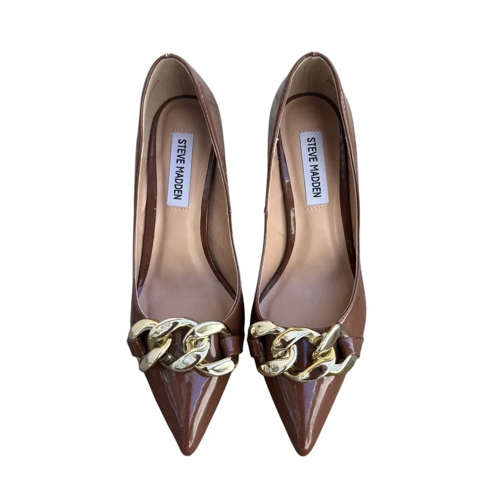Steve Madden Zilday Brown Patent Pointed Toe Gold Chain Stiletto Pumps 6.5